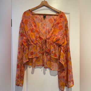 Wild Fable Bell-sleeved Sheer Floral Top